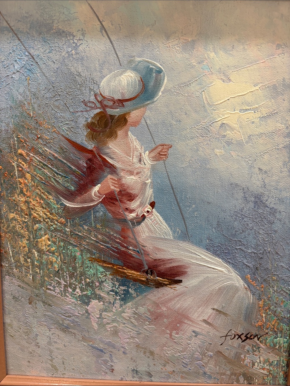 Pink Framed Swinging Woman Oil Painting - Pink and Blue